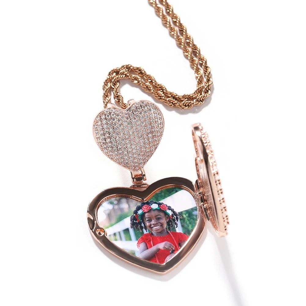 Heart Hook Baguette Photo Locket Necklace