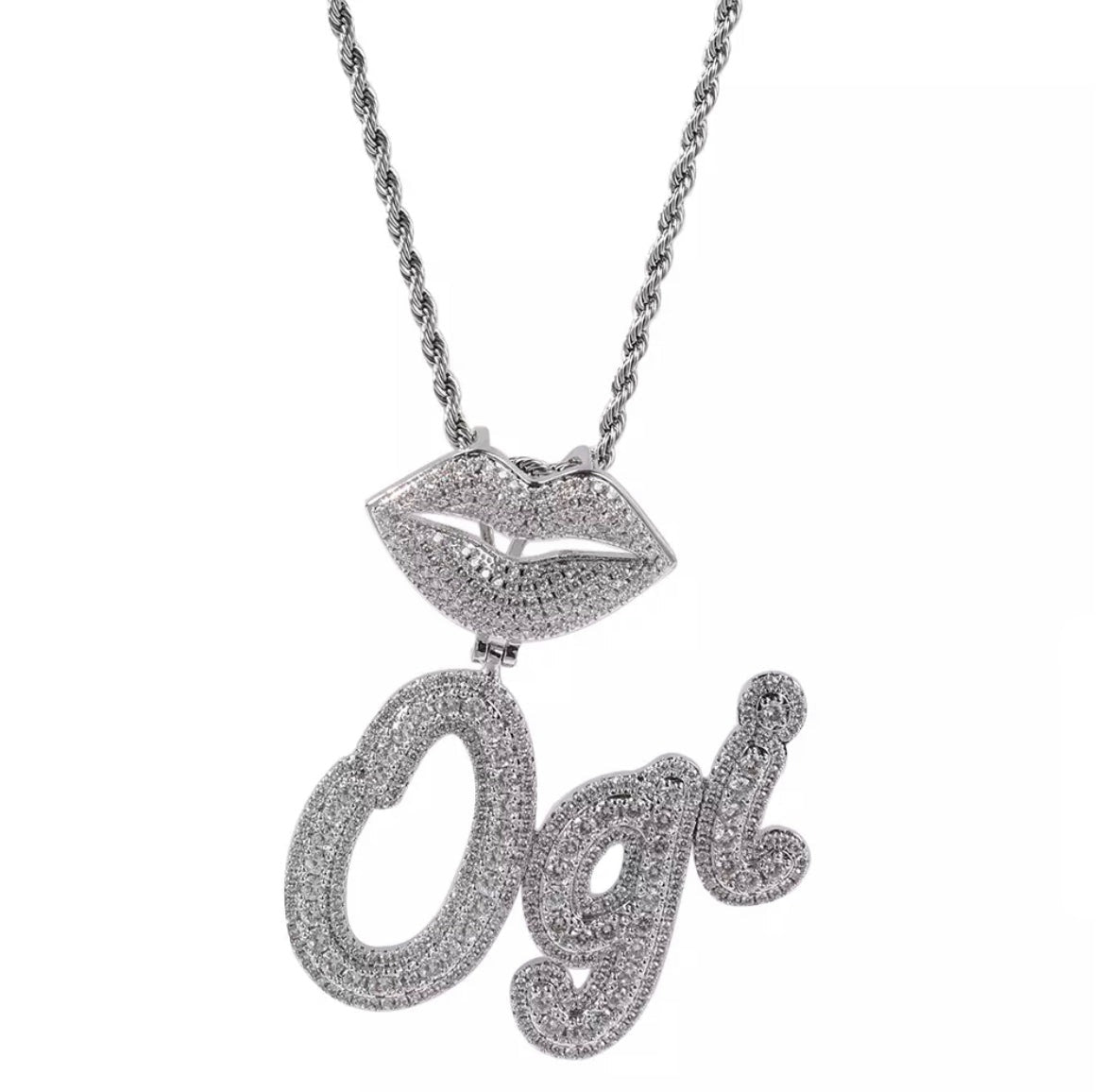 Iced Out Kiss Baguette Necklace