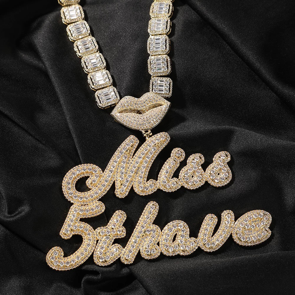 Iced Out Kiss Baguette Necklace