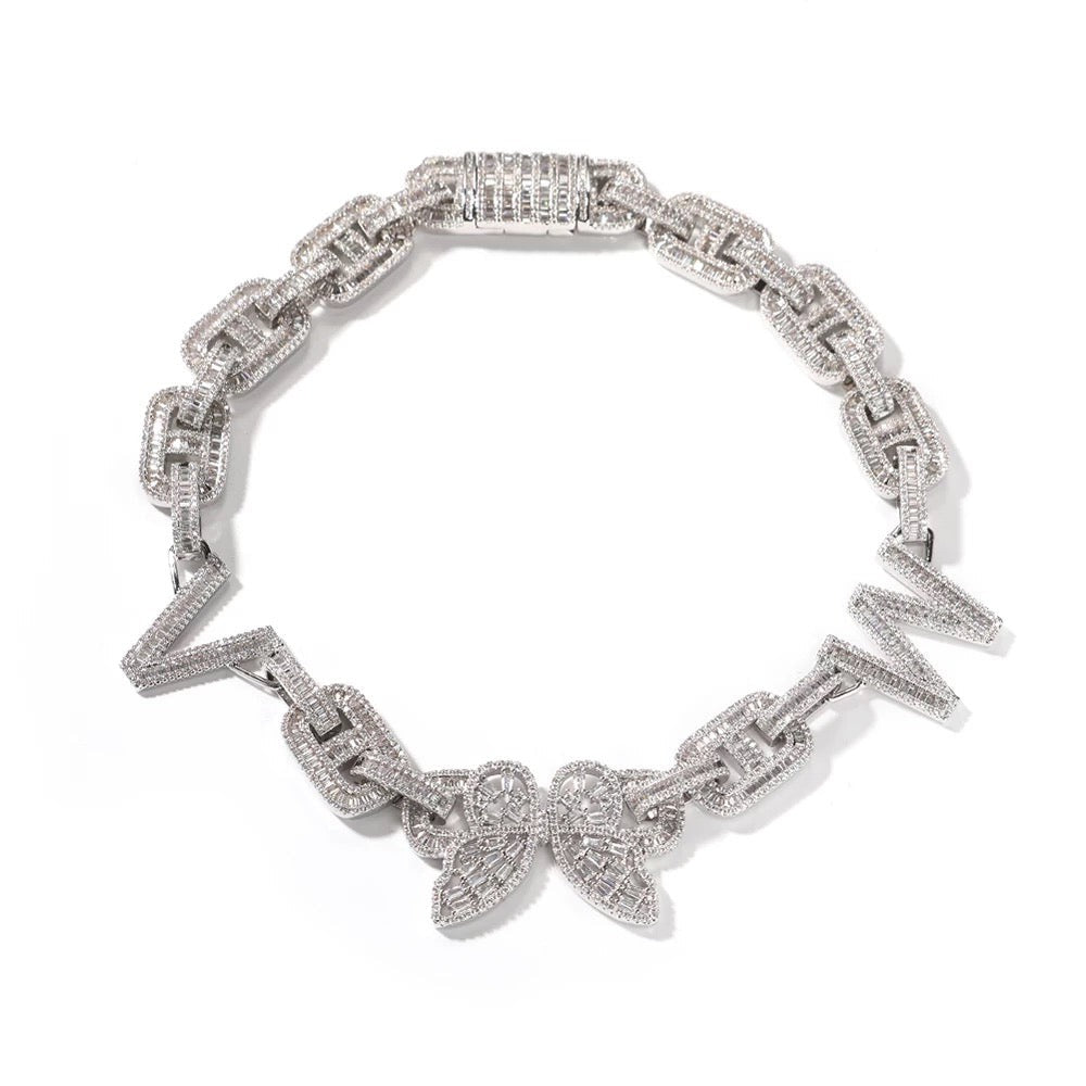 Frosted Butterfly Initials Baguette Necklace