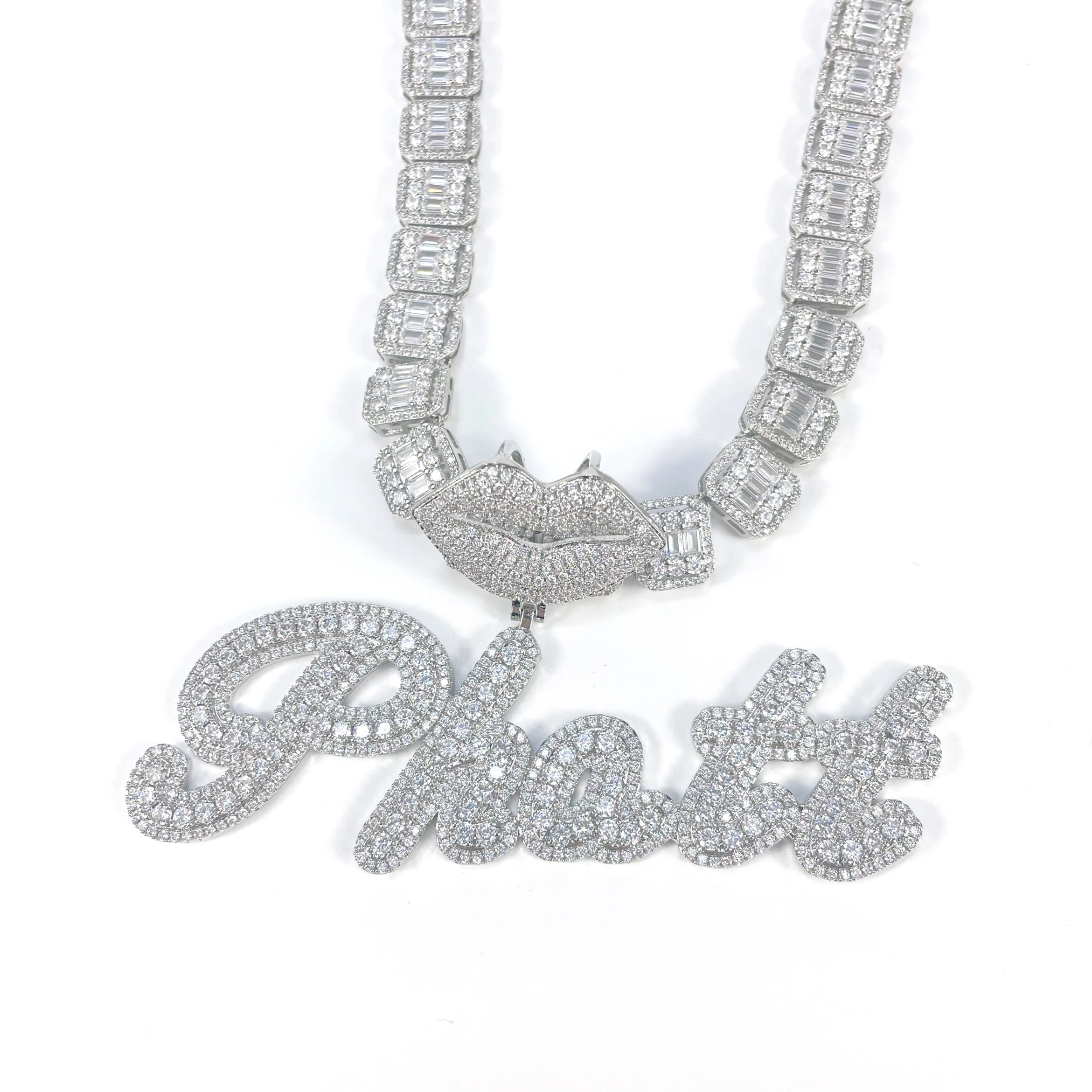 Iced Out Kiss Baguette Necklace