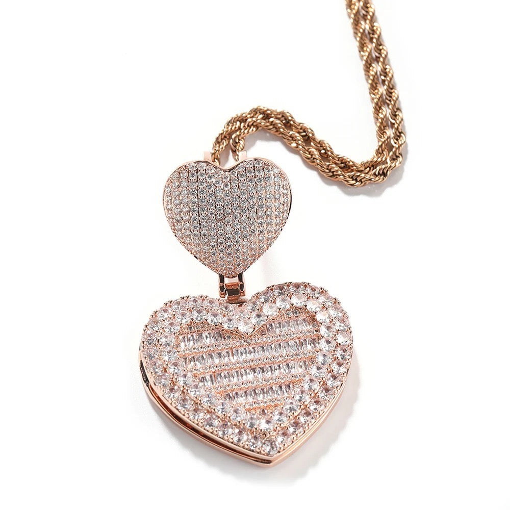 Heart Hook Baguette Photo Locket Necklace