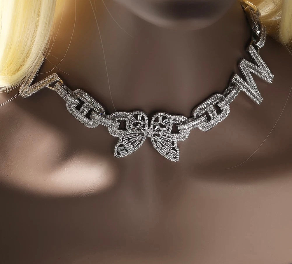 Frosted Butterfly Initials Baguette Necklace