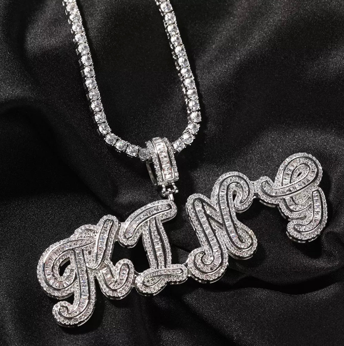 Cursive Swirl Name Baguette Necklace