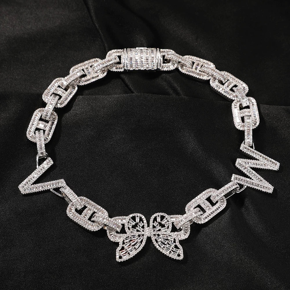 Frosted Butterfly Initials Baguette Necklace