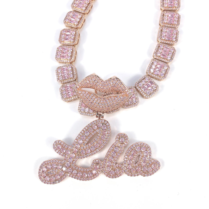 Iced Out Kiss Baguette Necklace